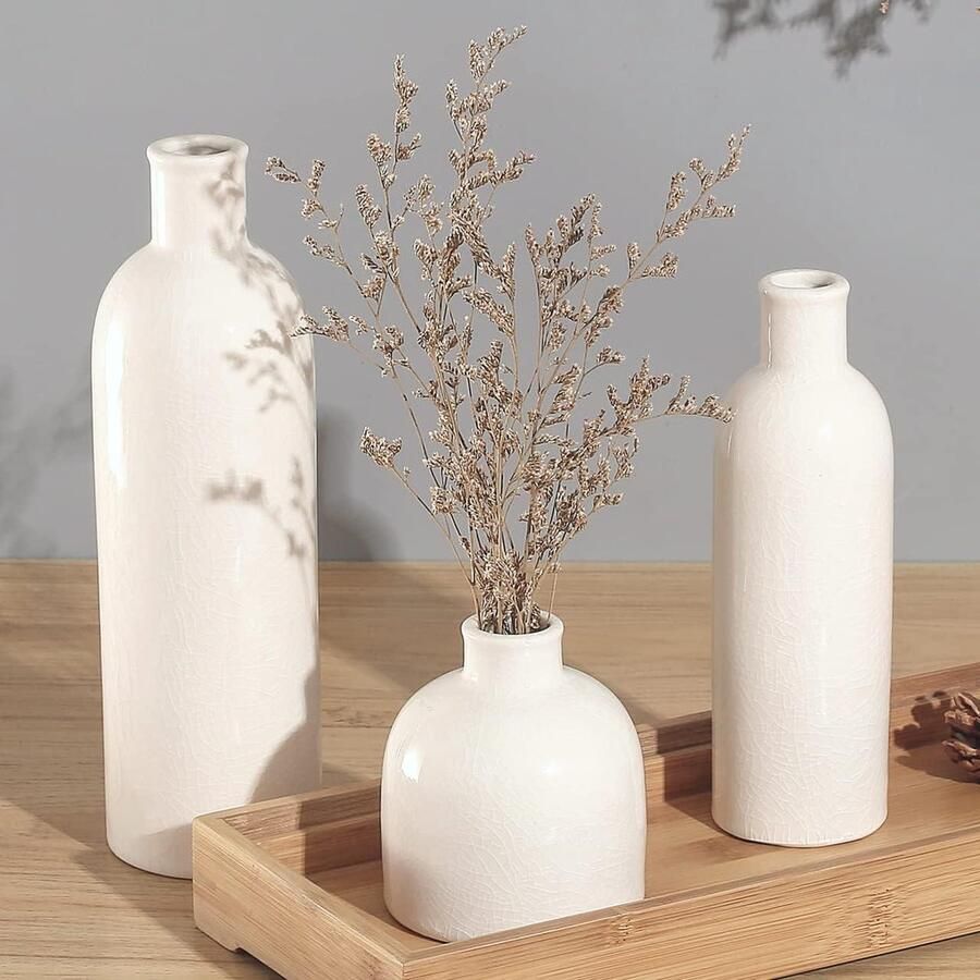 Witte keramische vaas pampasgras decor set van 3 Moderne Boho rustieke huisdecoratie Boerderij gedroogde bloemen vaas Tafel centerpieces decoratie (wit)