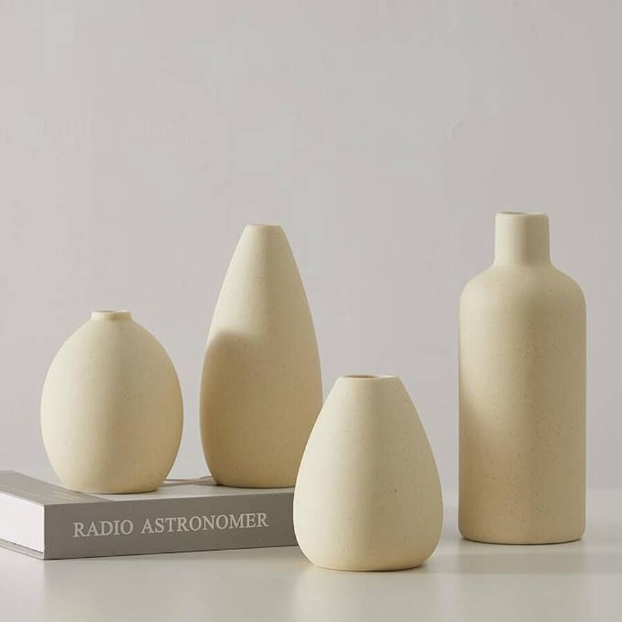 Witte keramische vaas set 4 kleine vazen voor bloemen unieke bloemenvazen voor middenstukken decoratieve moderne vazen voor huisdecoratie tafel ingang (beige)