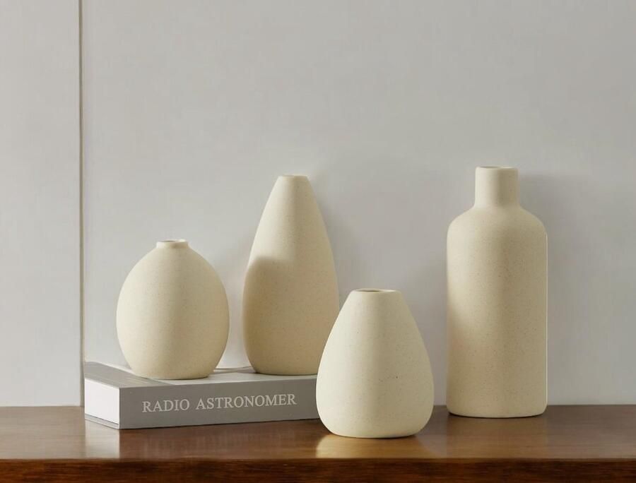 Witte keramische vaas set 4 kleine vazen voor bloemen unieke bloemenvazen voor middenstukken decoratieve moderne vazen voor huisdecoratie tafel ingang (beige)