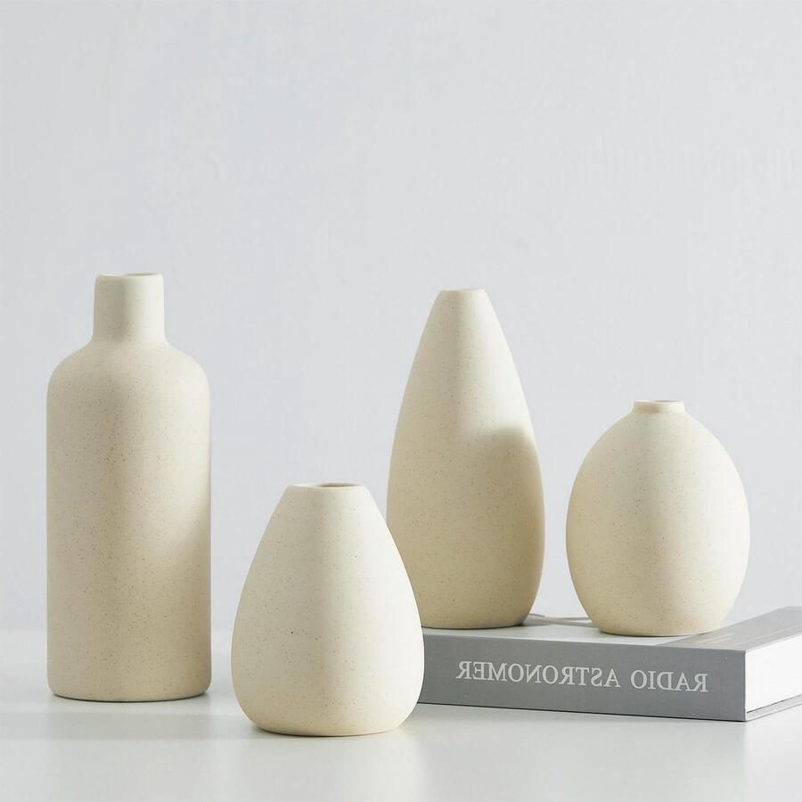 Witte keramische vaas set 4 kleine vazen voor bloemen unieke bloemenvazen voor middenstukken decoratieve moderne vazen voor huisdecoratie tafel ingang (beige)