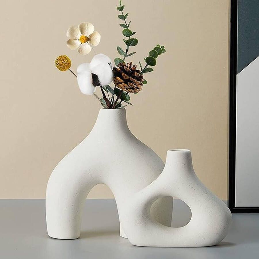Witte keramische vaas set van 2 dubbele vazen voor moderne boho Nordic minimalistische stijl decoratie vazen voor woonkamer bruiloft diner tafel feest kantoor en slaapkamer
