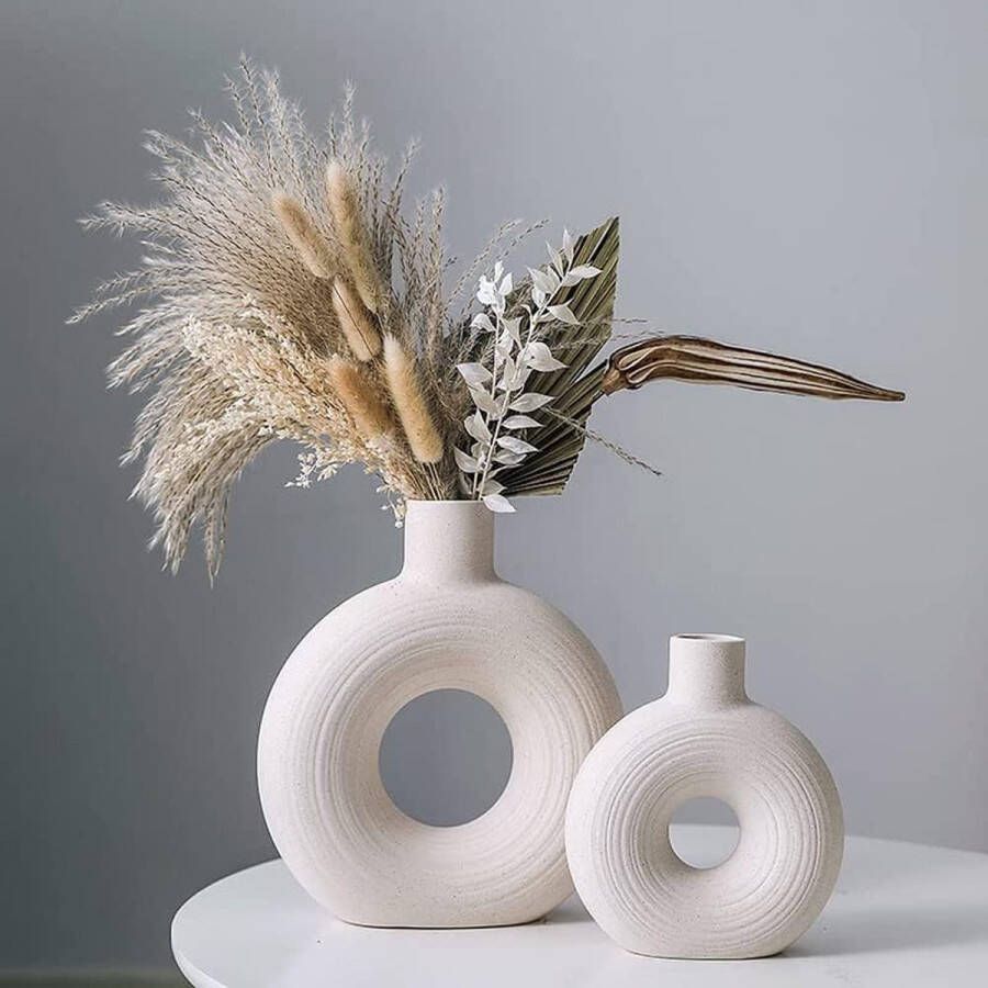 Witte keramische vaas voor huisdecoratie set van 2 ronde pampa's bloemenvazen minimalistische boho-stijl decoratieve vazen voor woonkamer slaapkamer eettafel bruiloft feest kantoor