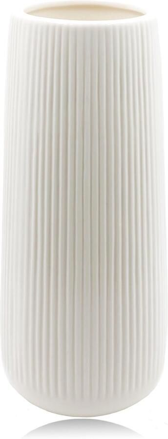 Witte keramische vaas voor pampasgras 20 cm hoge geglazuurde geribbelde bloemenvaas moderne vaasdecoratie voor verse bloemen en gedroogde bloemen boho-vaas voor thuis woonkamer eettafel en kantoordecoratie