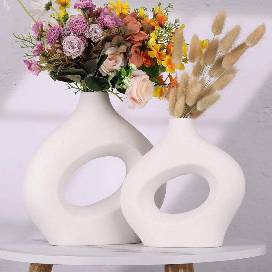Witte keramische vaas voor woondecoratie Set van 2 keramische donutvazen ronde pampasgrasvaas voor middelpuntdecoratie perfect voor woonkamer tafel entree salontafeldecoratie