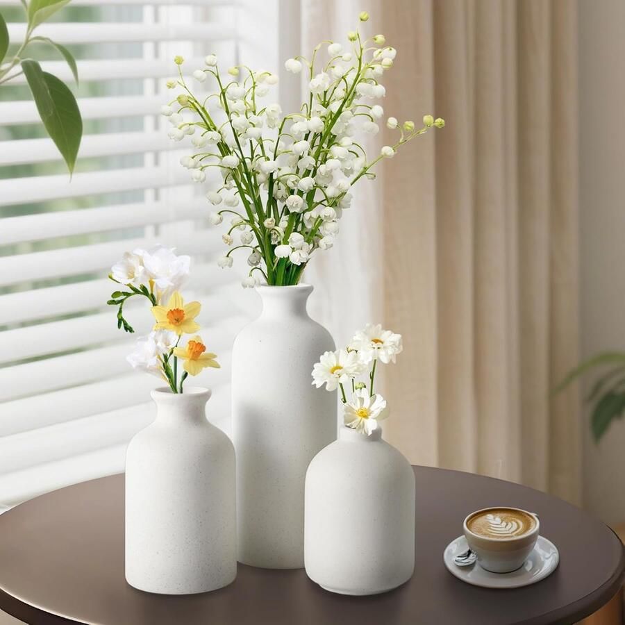 Retadou Witte keramische vazen set van 3 vazen beige voor decoratie verse bloemen pampasgras gedroogde bloemen thuis woonkamer slaapkamer kantoor idee plank boekenkast tafel mantel