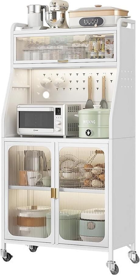 Witte Keukenkast met Magnetronruimte en Verstelbare Planken – 5-traps Opbergkast met Translucente Deuren (76 x 36 x 164 cm)