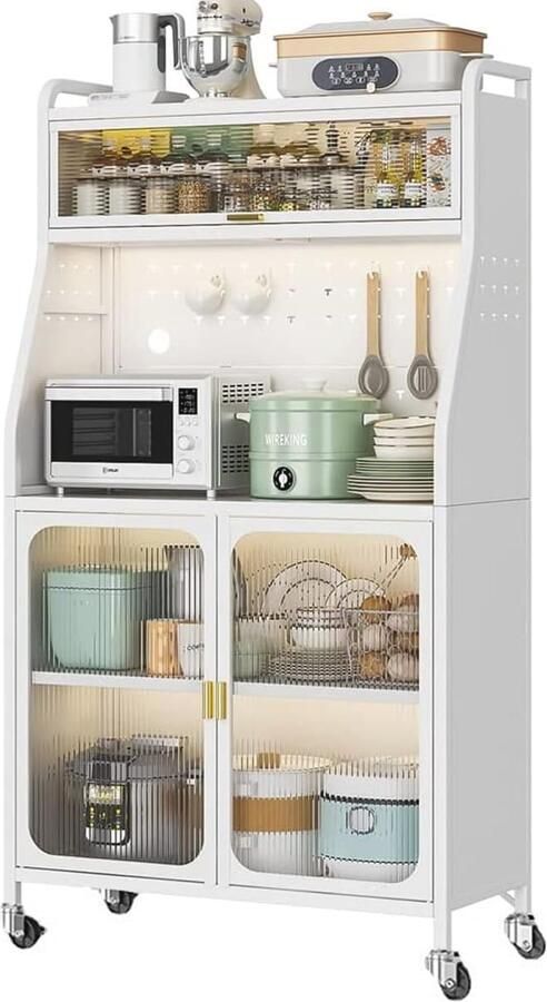 Witte Keukenkast met Transparante Deuren en Verstelbare Planken – 5-Traps Opbergkast voor Magnetron en Huishoudelijke Apparaten (86 x 36 x 161 cm)