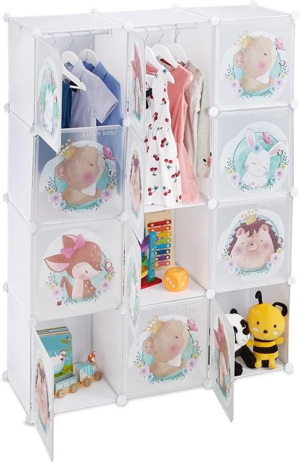 Witte kinderkast met schattige babydieren Opbergruimte voor speelgoed en kleding 1 stuk 145 x 110 x 37 cm