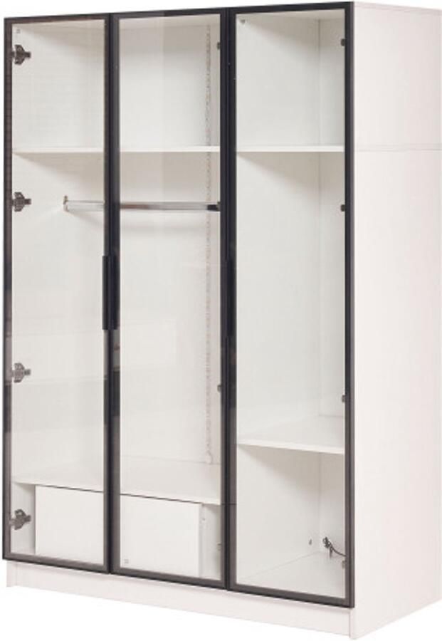 GOTAGEE witte kledingkast met 3 glazen deuren 1 lade en 1 kledingroede 110*50*160 cm met LED-verlichting