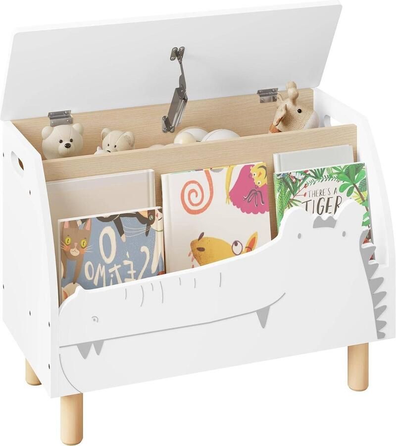 Rootz Living Rootz Witte Krokodil Speelgoedkist Opbergbank Kinderorganizer Veilig met langzaam sluitend deksel Duurzame MDF-constructie Veelzijdig met extra compartiment 60 cm x 44 cm x 30 cm
