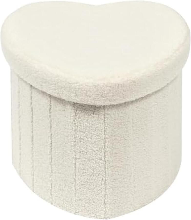 Witte kruk met opbergruimte opvouwbare voetenbank voor woonkamer speelgoedkist opbergdoos teddyhartvorm voetensteun 38 x 38 x 32 cm