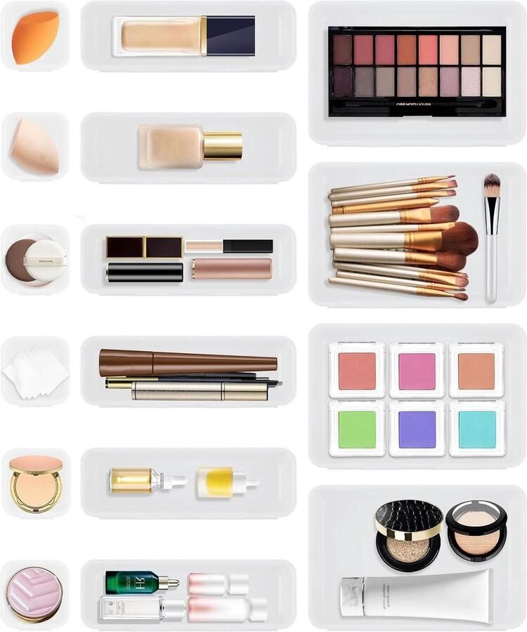 Witte lade-opbergsysteem organizer 16 stuks verstelbaar en antislip voor bureau en make-up badkamer en kantoor gebruiksvoorwerpen