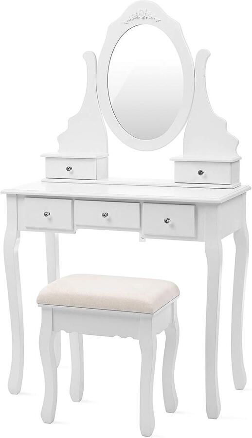 Witte Make-uptafel met Spiegel en 5 Laden Verstelbare Kaptafel