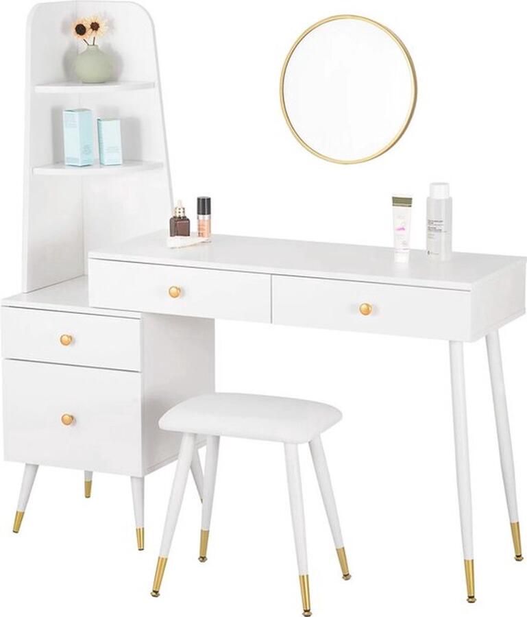 Witte make-uptafelset make-uptafel met spiegel kaptafel met spiegel kast kruk wit met goud