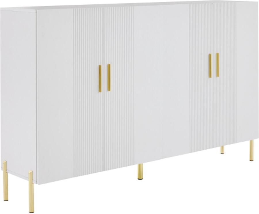 Zonder merk Gotagee witte matte multifunctionele opbergkast 4 open en gesloten deuren eetkamerkast gouden decoratie 160x35x100cm