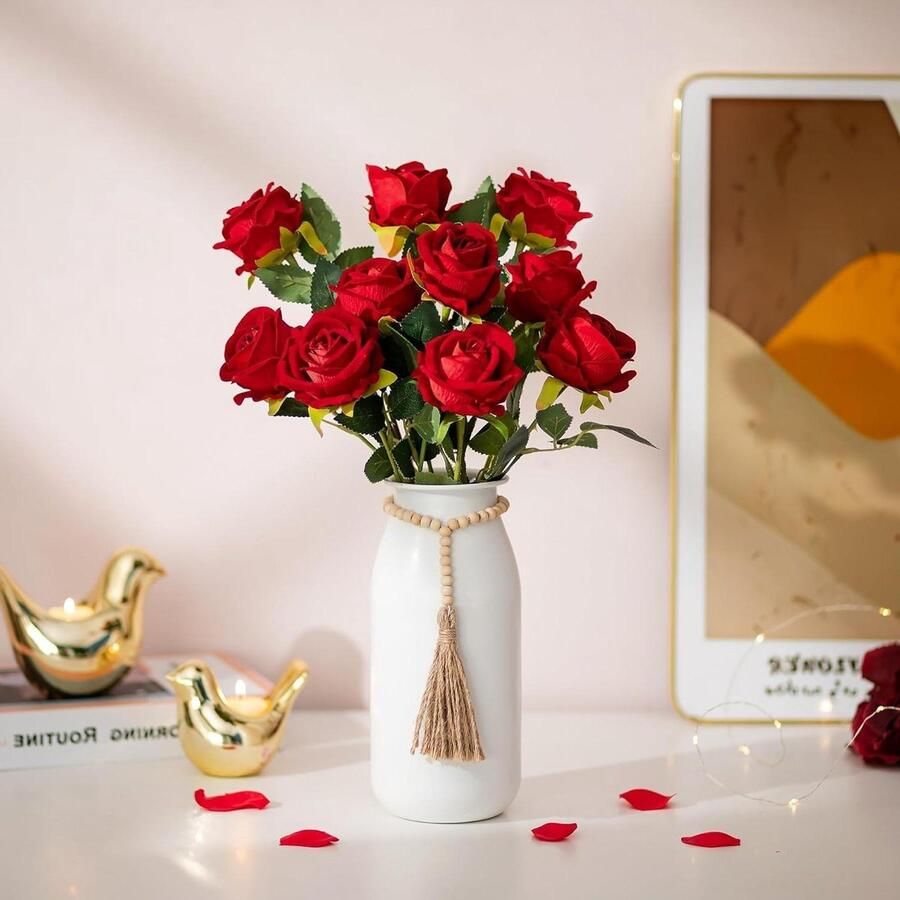 23cm Witte Metalen Bloemenvaas met Kralensnoeren Boho Pampasgras Grote Rustieke Vaas Tafel Woondecor Matte Cilindervaas Kunstbloemen Rozen Twijgen