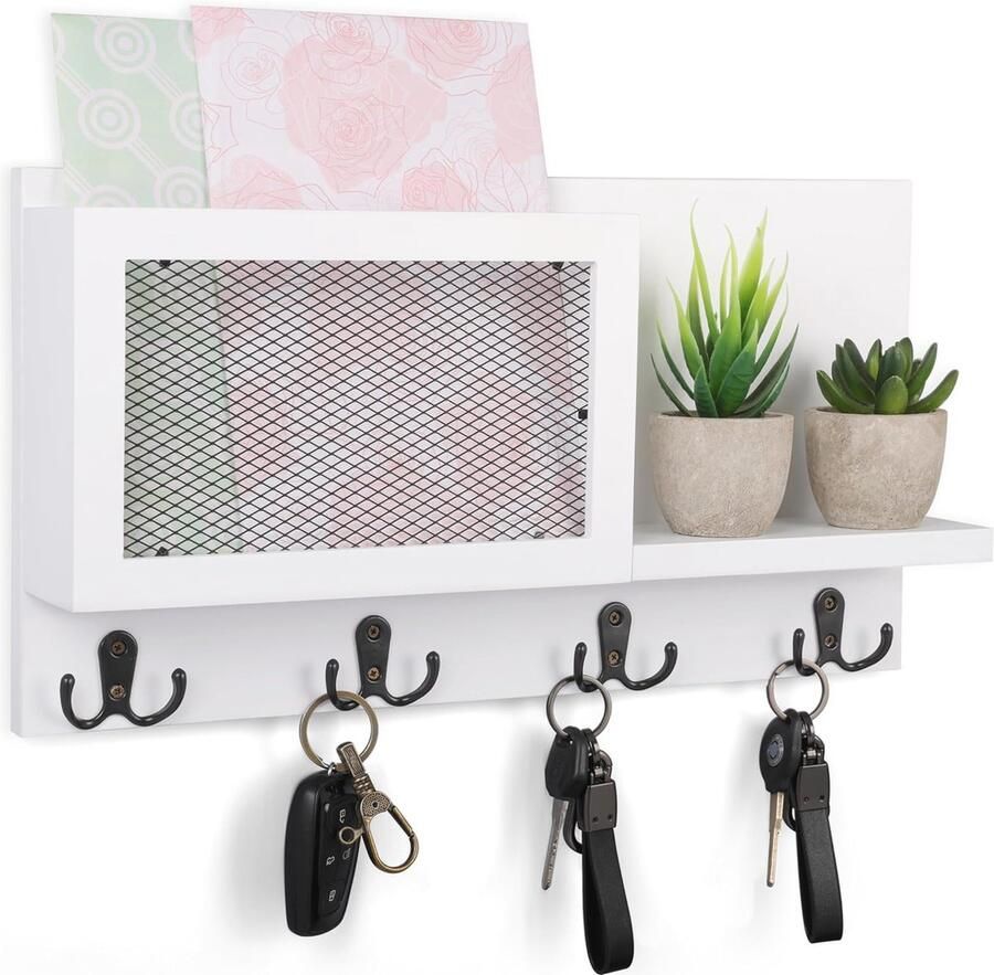 Witte Muur Gemonteerde Brieven en Sleutelhouder met 8 Haken Decoratieve Organizer voor Entree en Woonkamer