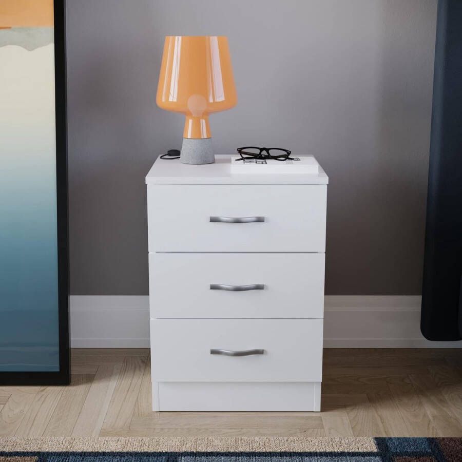 Witte nachtkastje ladekast 3 lade met metalen handgrepen en lopers unieke anti-buiglade ondersteuning Riano slaapkamer meubels