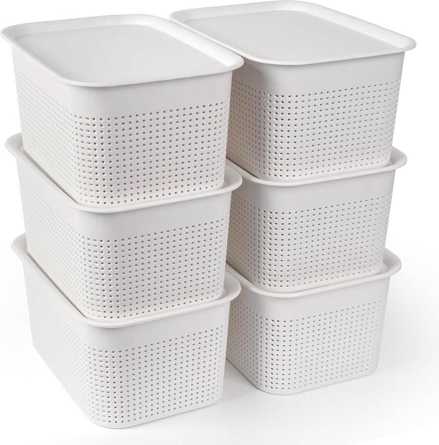 Witte Opslag Bakken met Deksel Stapelbare Organisatie 6 Stuks Kunststof Ideaal voor Kasten