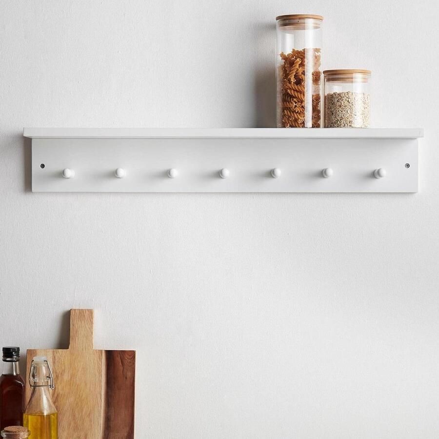 Witte plank met 7 haken voor muur 1 stuk wit hout 80 cm