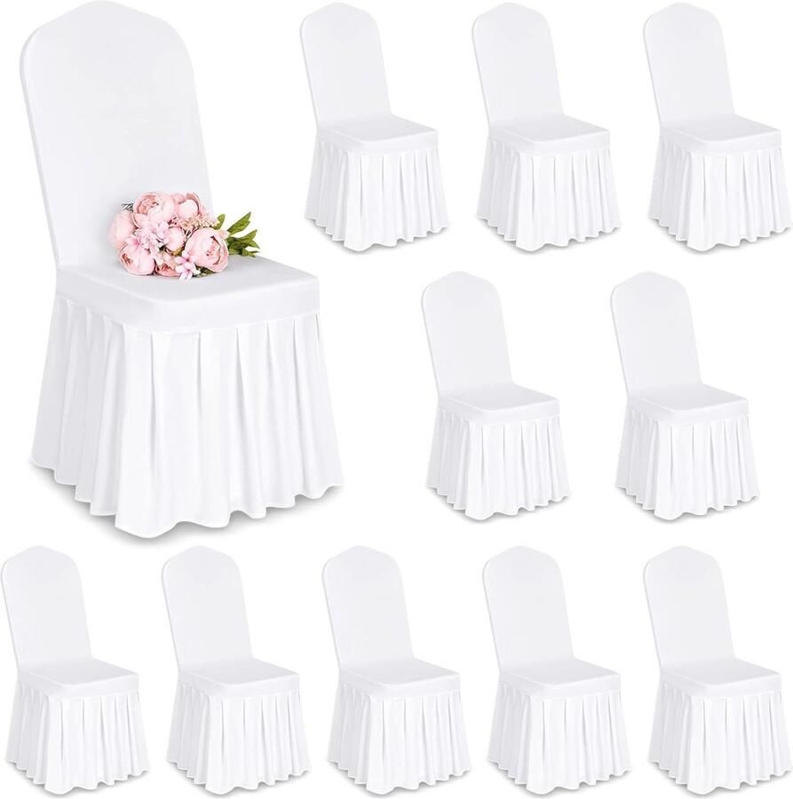 Witte Polyester Spandex Stoelhoezen met Rok Universele Wasbare Beschermhoezen voor Eetkamer en Bruiloft