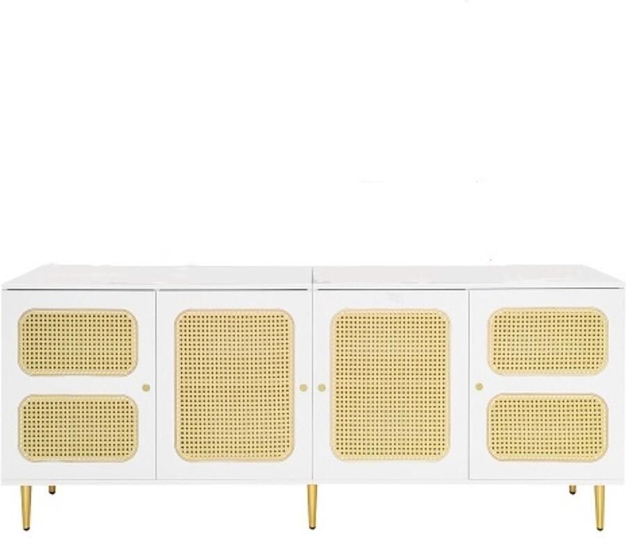 Zonder merk Gotagee Witte Rattan TV-Kast Laag Kast 180x40x72cm met 4 Rattan Deuren Verstelbare Planken