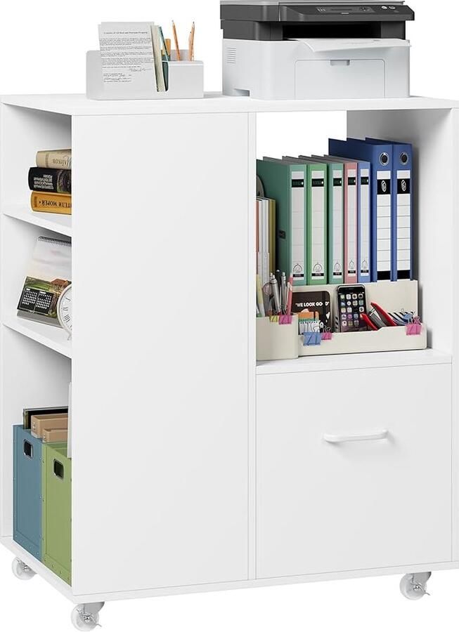Witte rolcontainer ideaal als archiefkast voor op kantoor. Voorzien van wieltjes en meerdere lades geschikt voor het opbergen van documenten A4-papier en documenten in letterformaat. Afmetingen: 60 x 40 x 75 cm