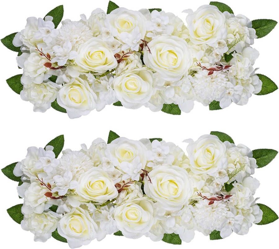 Witte rozen kunstbloemen voor decoratie 2 stuks bloemenpanelen voor tafel decoratieve bloemstukken met kunststof basis zijden bloemen voor bruiloft receptie tafel loper woondecoratie