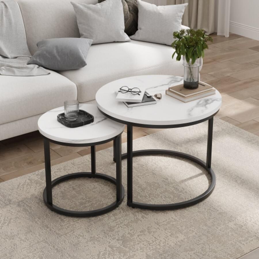 Witte salontafel set van 2 metalen frame ronde salontafel van 60 cm moderne salontafel set van 2 geschikt voor woonkamers slaapkamers balkons binnenplaatsen kantoren en Kleine ruimtes