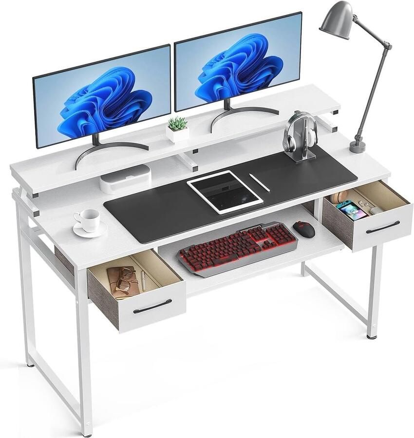 Witte Schrijftafel met Laden en Monitorplank In Hoogte Verstelbaar Gaming- en Kantoorbureau 120 x 48 cm - Foto 2