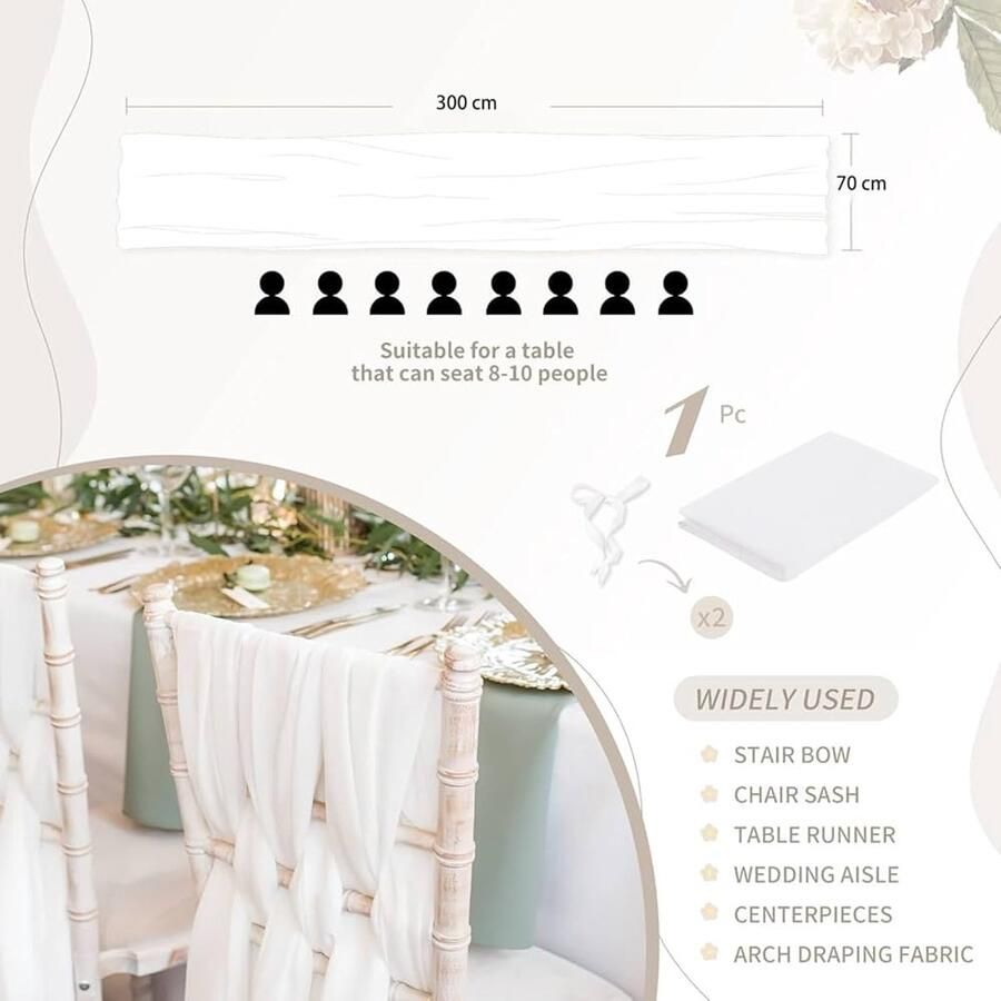 Witte Tafelloper van Chiffon Elegante Tafeldecoratie 1 stuk 70 x 300 cm