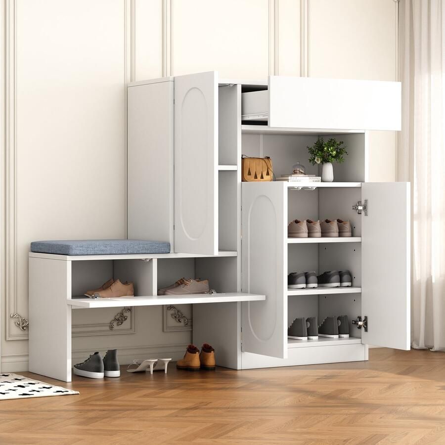 Witte trendy 2-in-1 schoenenkast met gewelfde deuren soft-close klapdeur verstelbare vakken en gepolsterde zitbank 130×35×110 cm