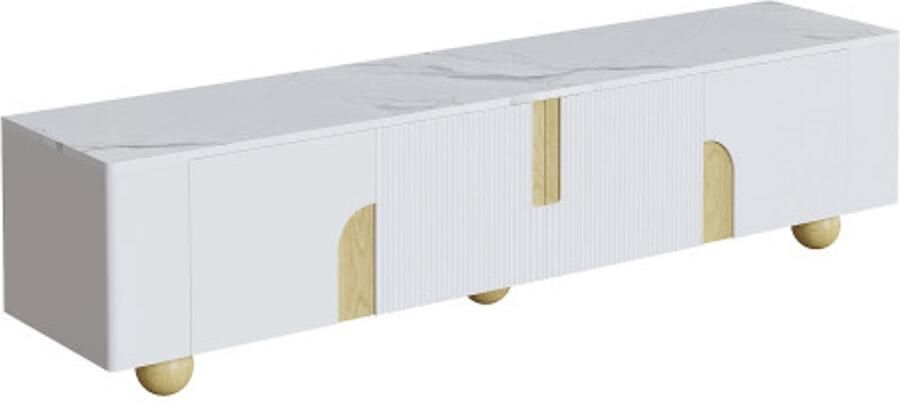 Witte tv-kast 180 cm 4 deuren elegant design marmerlook oppervlak bolvormige houten poten