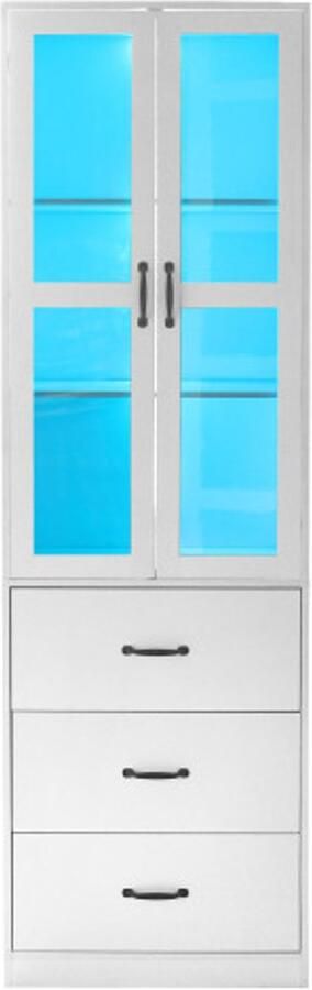 GOTAGEE Witte vitrinekast 200 cm hoog staande vitrinekast met 3 laden en 2 verplaatsbare schotten 2 glazen deuren LED-verlichting