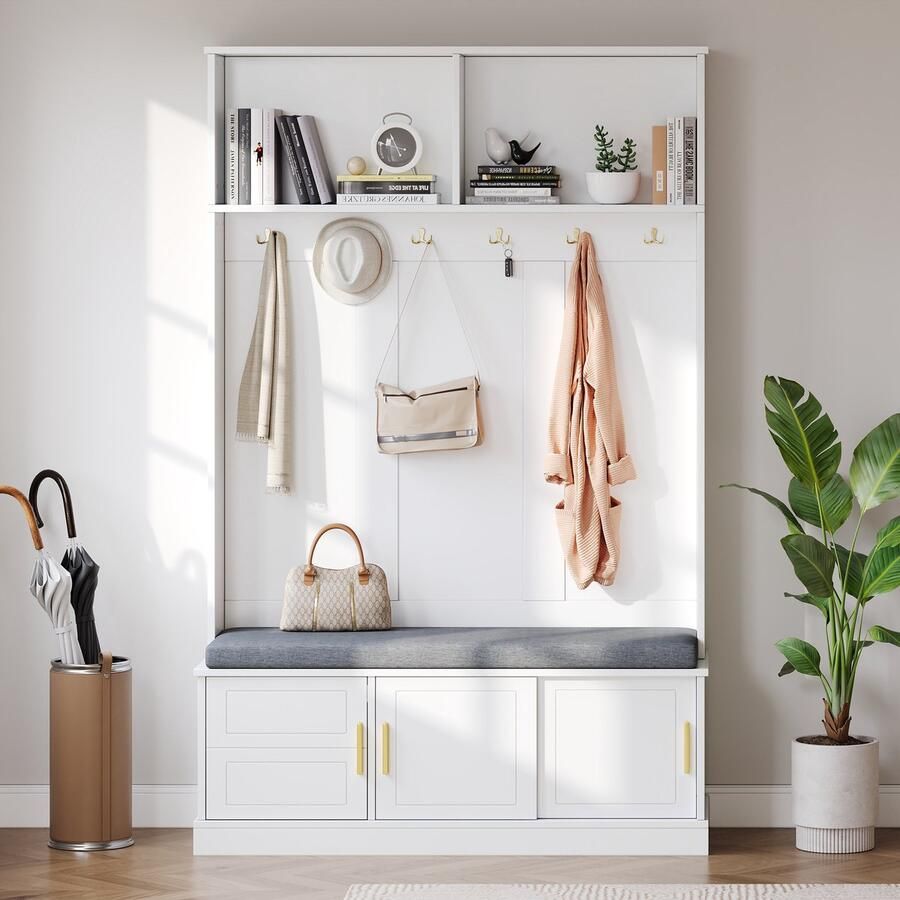 Witte vrijstaande garderobe met schoenenbank 6 drievoudige haken ruimtebesparend voor entree en hal 120×40×191 cm