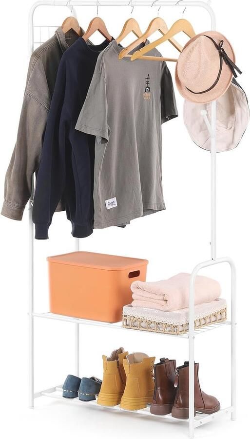 Witte Vrijstaande Kledingstandaard met 2 Planken voor Schoenen en Dozen Minimalistisch Kledingrek voor Thuis en Kantoor