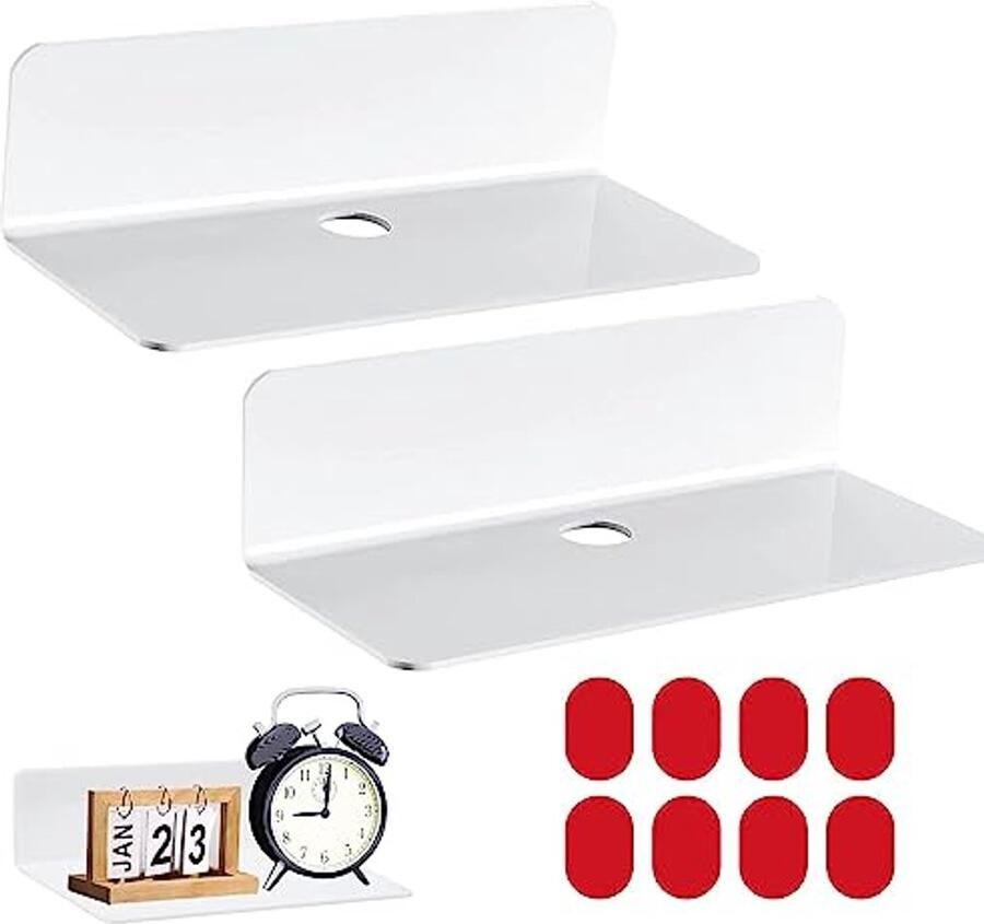 Witte Wandplanken Set van 2 Acryl Planken voor Slaapkamer Woonkamer Badkamer Keuken Kantoor Zonder Boren