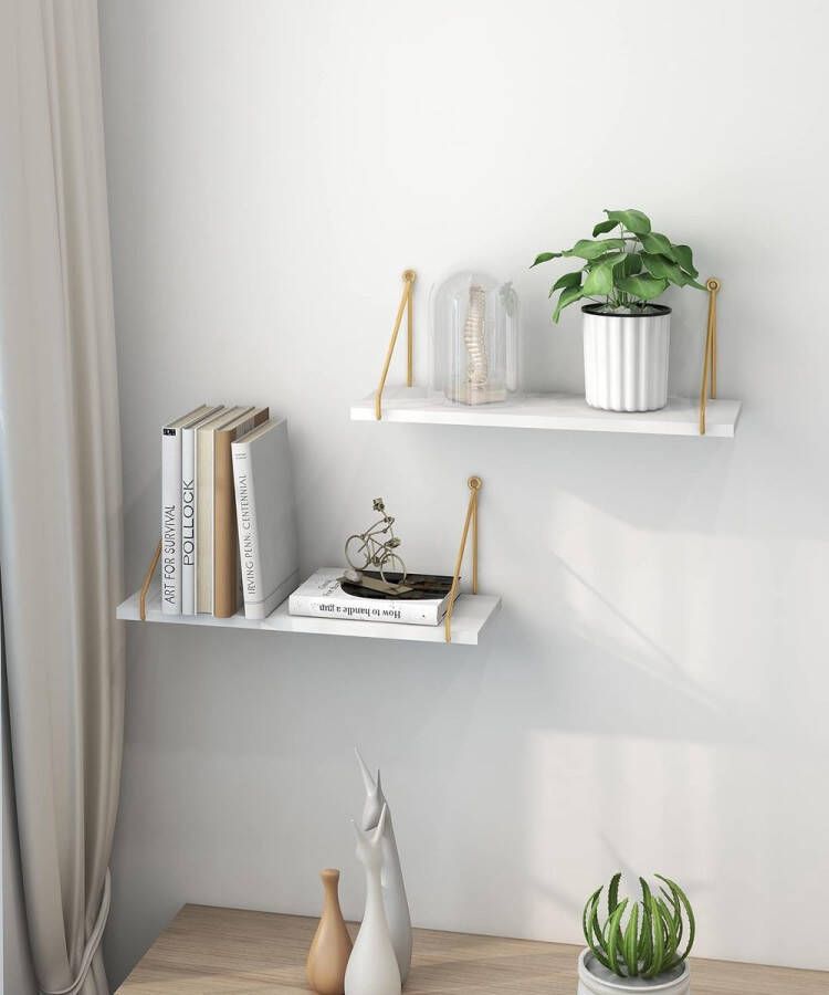 Witte zwevende planken hout voor wandmontage met metalen beugels rustieke houten opslag accessoires plank voor badkamer keuken slaapkamer woonkamer kantoor plant display set van 2
