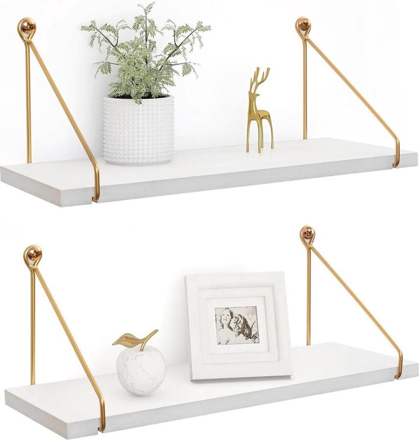 Witte zwevende planken hout wandmontage set van 2 rustiek hout