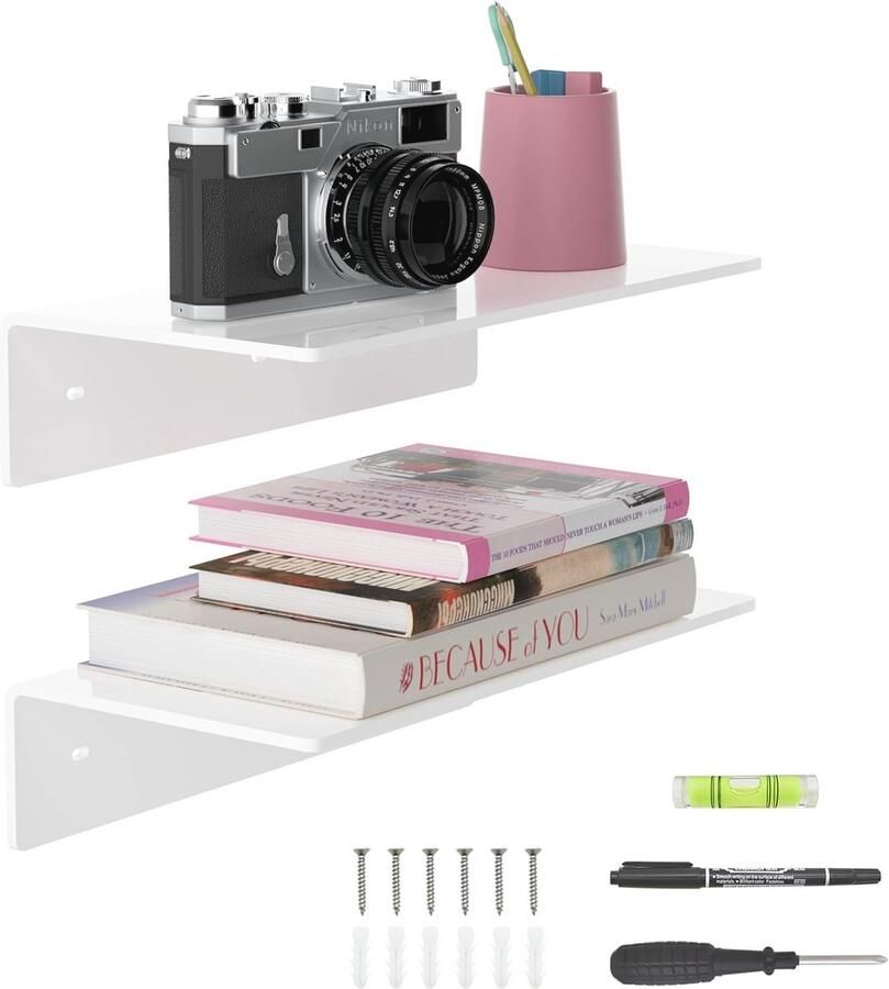 Witte Zwevende Wandplanken Set van 2 Multifunctionele Acryl Planken voor Planten Fotolijsten en Meer