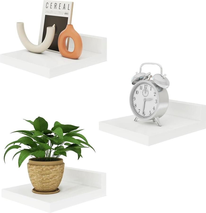 Witte zwevende wandplanken set van 3 Houten displayrekken voor slaapkamer badkamer en keuken