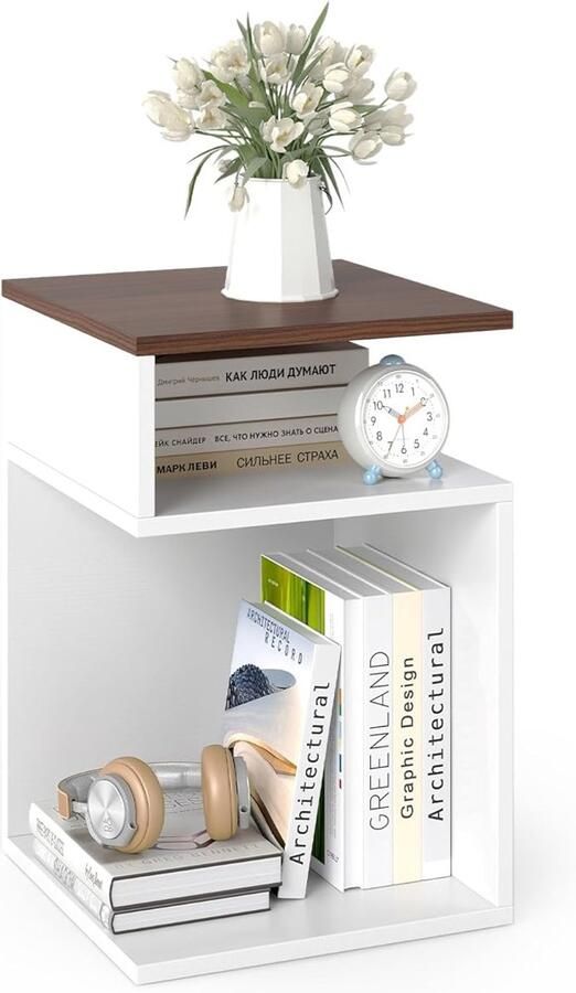 Wit walnoot houten bijzettafel 3 niveaus Modern nachtkastje 33x33x50cm voor woonkamer slaapkamer