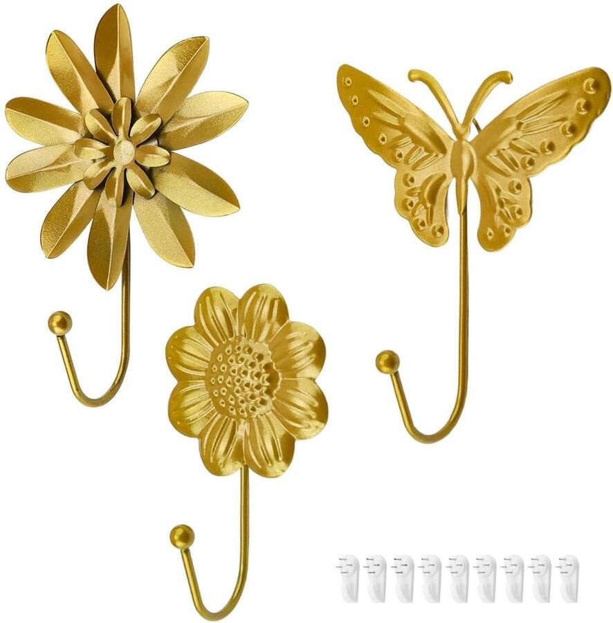 WJUAN 3-pack vintage ijzeren haken kapstokhaken mooi en praktisch verschillende patronen retro design gouden haken geschikt voor slaapkamer woonkamer keuken badkamer