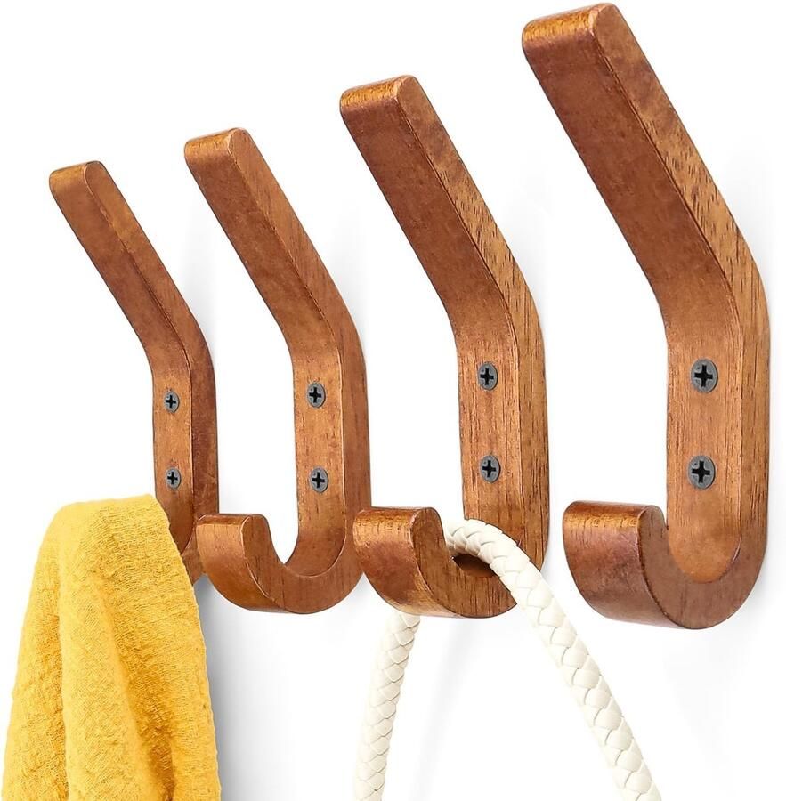 WJUAN Houten Kapstokhaken Set van 4 155 mm Walnootkleurige J-haken Verbeterde Versie Handdoekhaken A-kwaliteit Eikenhout Gepolijst en Geolied Oppervlak voor Keuken en Slaapkamer