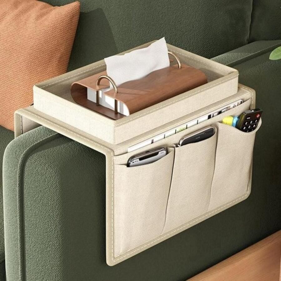 WNHB Armsteun Organizer met Dienblad en Bekerhouder – Sofa Opbergtas voor Tijdschrift Afstandsbediening Tablet & Bril – Bank en Fauteuil Organizer voor Tijdschrift en Afstandsbediening TV Boek Bril Ipad