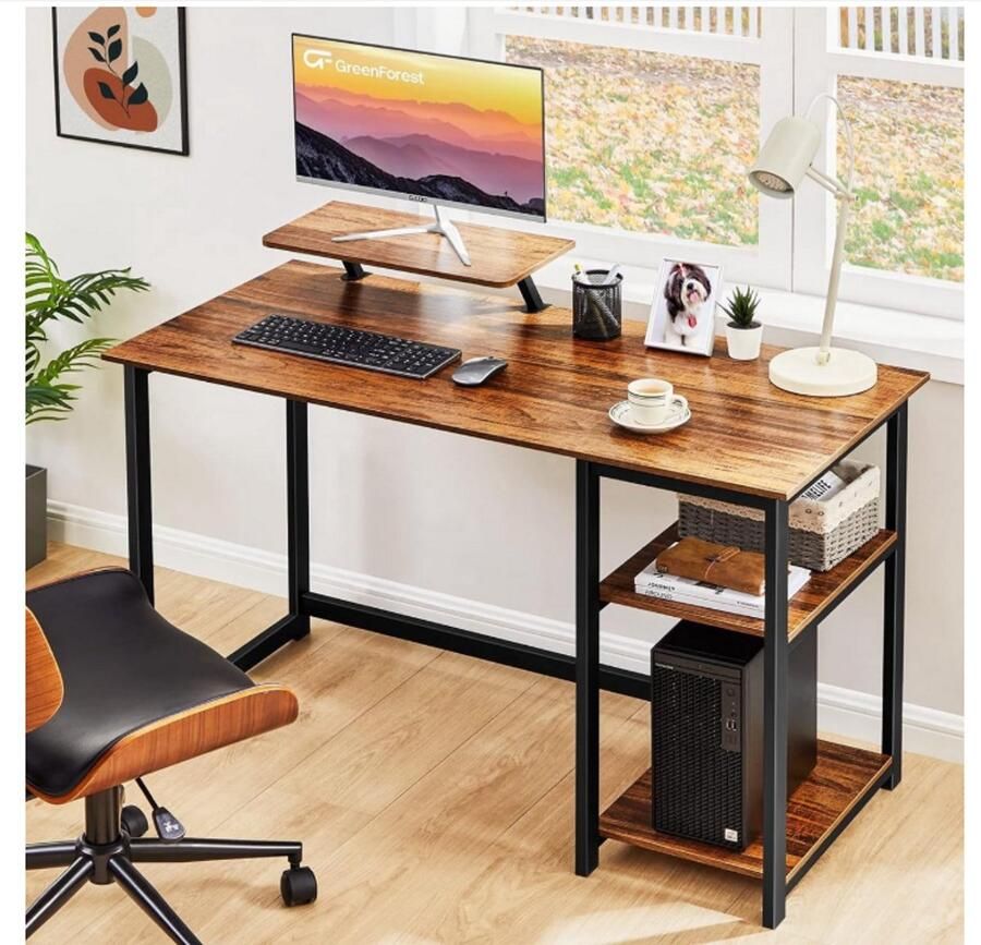 WNHB Bureau met Monitorverhoger – Computertafel met Omkeerbare Opbergplanken – Compact Bureaumeubel voor Kleine Ruimtes – 100 cm – Thuiswerk of Kantoor