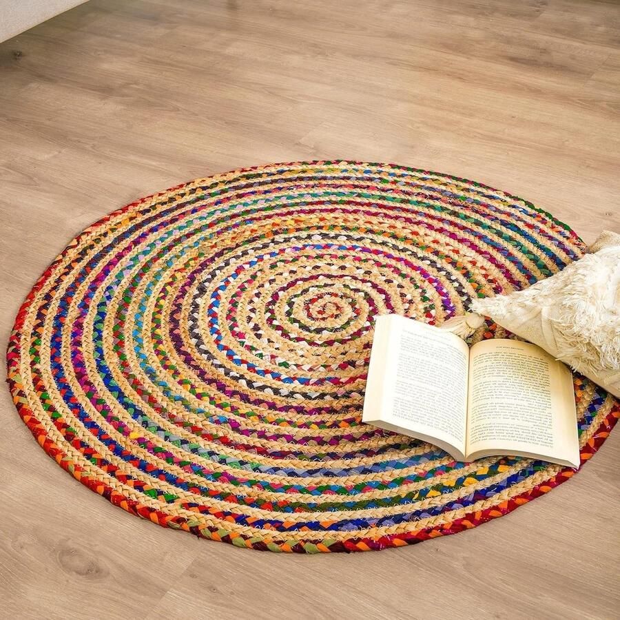 WNHB Handgeweven Boho Rond Vloerkleed Katoen Jute Gerecycled 120 cm Veelkleurig Voor Woon- en Slaapkamer