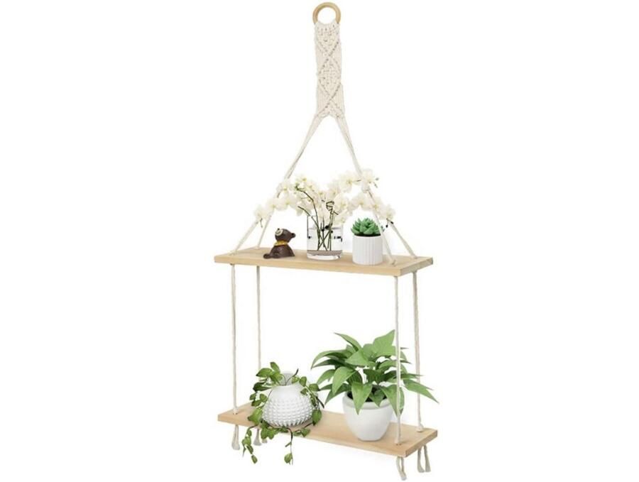 WNHB Hangende Drijvende Plank Houten Wandplank met Macramé Ophanging Boho Muurdecoratie voor Keuken en Woonkamer