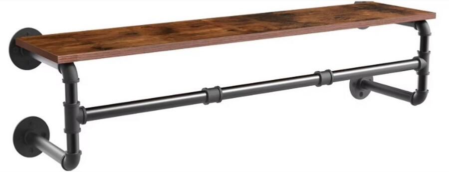 WNHB Industrieel Kledingrek met 3 Haken – Drijvende Kapstok 100x25x22 cm – Wandrek met Kledinghanger – Bruin Hout en Metaal