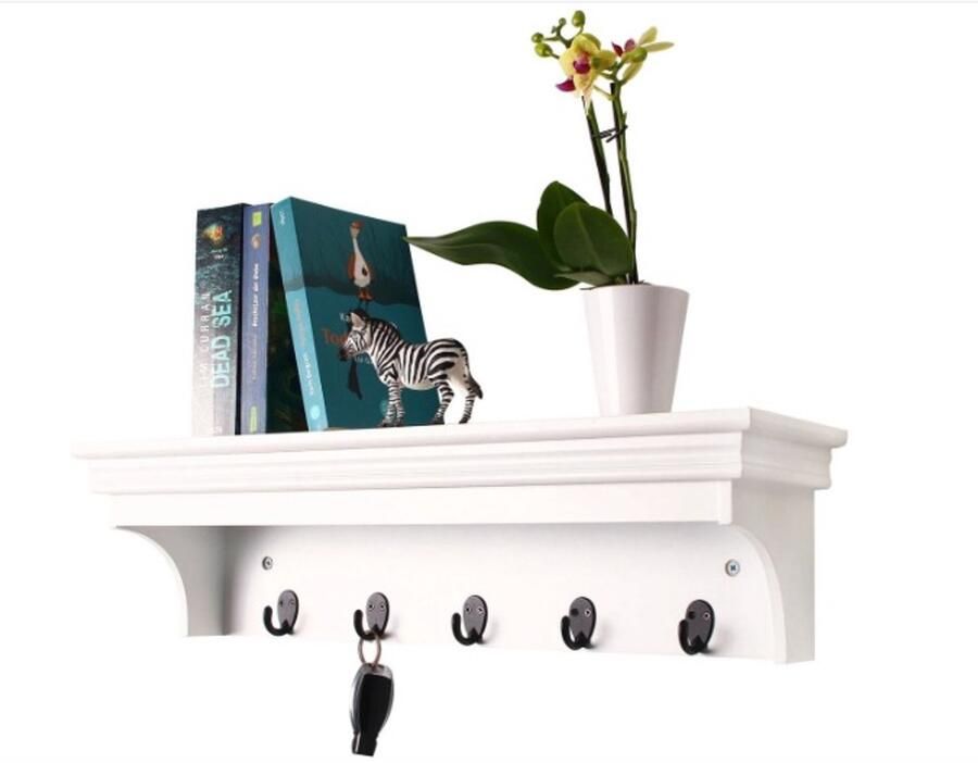 WNHB Kapstok met Hoedenplank en Haken Wandrek Wit 60x16x16 cm Decoratief Rek voor Woonkamer Keuken Slaapkamer